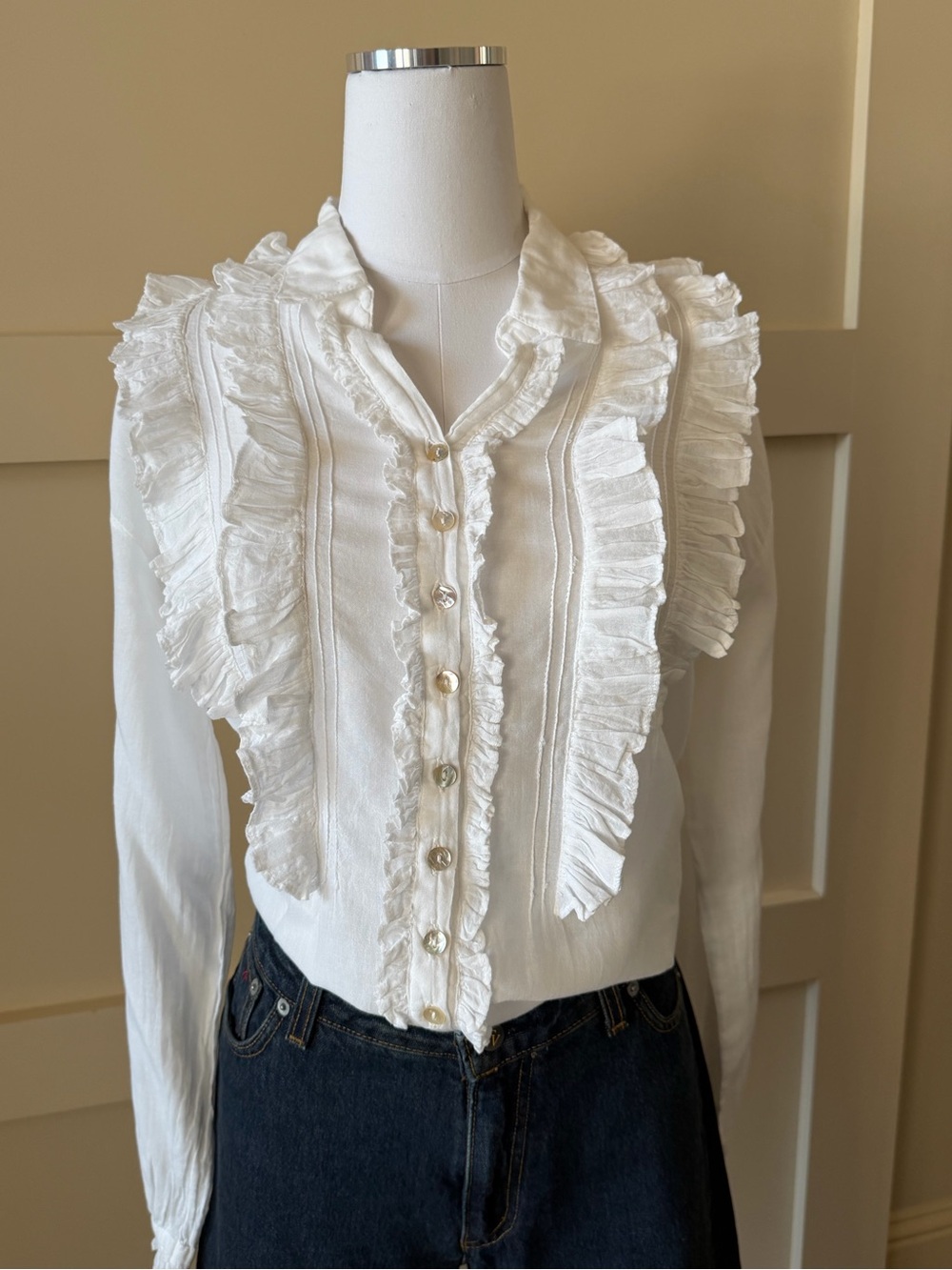 White Ruffled Front Button Blouse - Feminine Lightweight Top